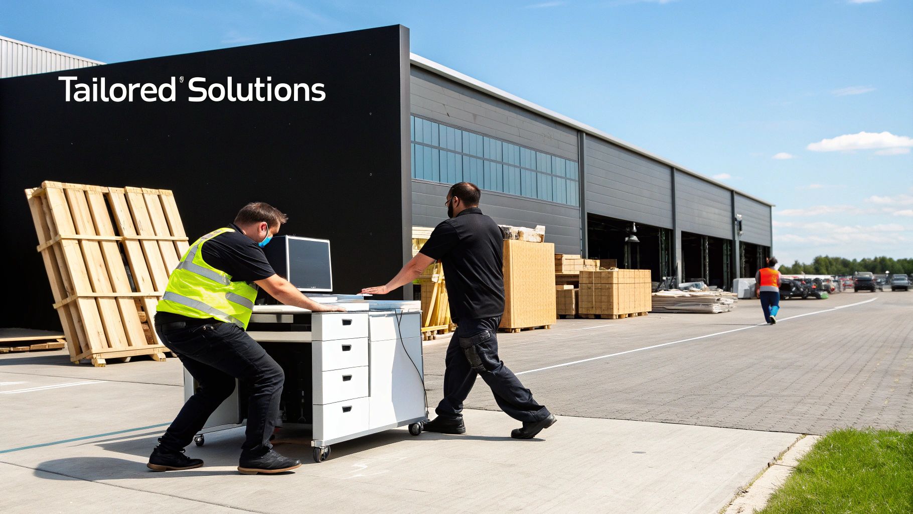 Two men move a mobile computer cart at an outdoor industrial facility, 'Tailored Solutions' sign visible.