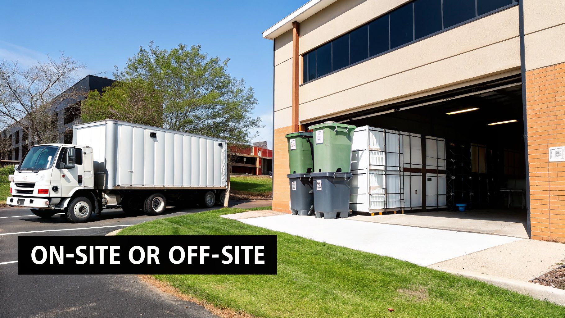 A white box truck is parked next to a building with an open garage, revealing storage units and bins.