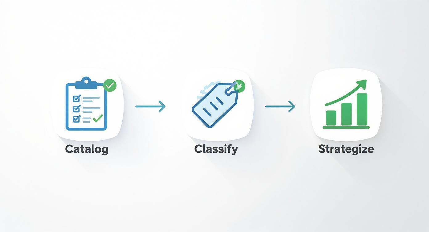 Three-step workflow process showing catalog checklist, classify tag, and strategize growth chart with arrows