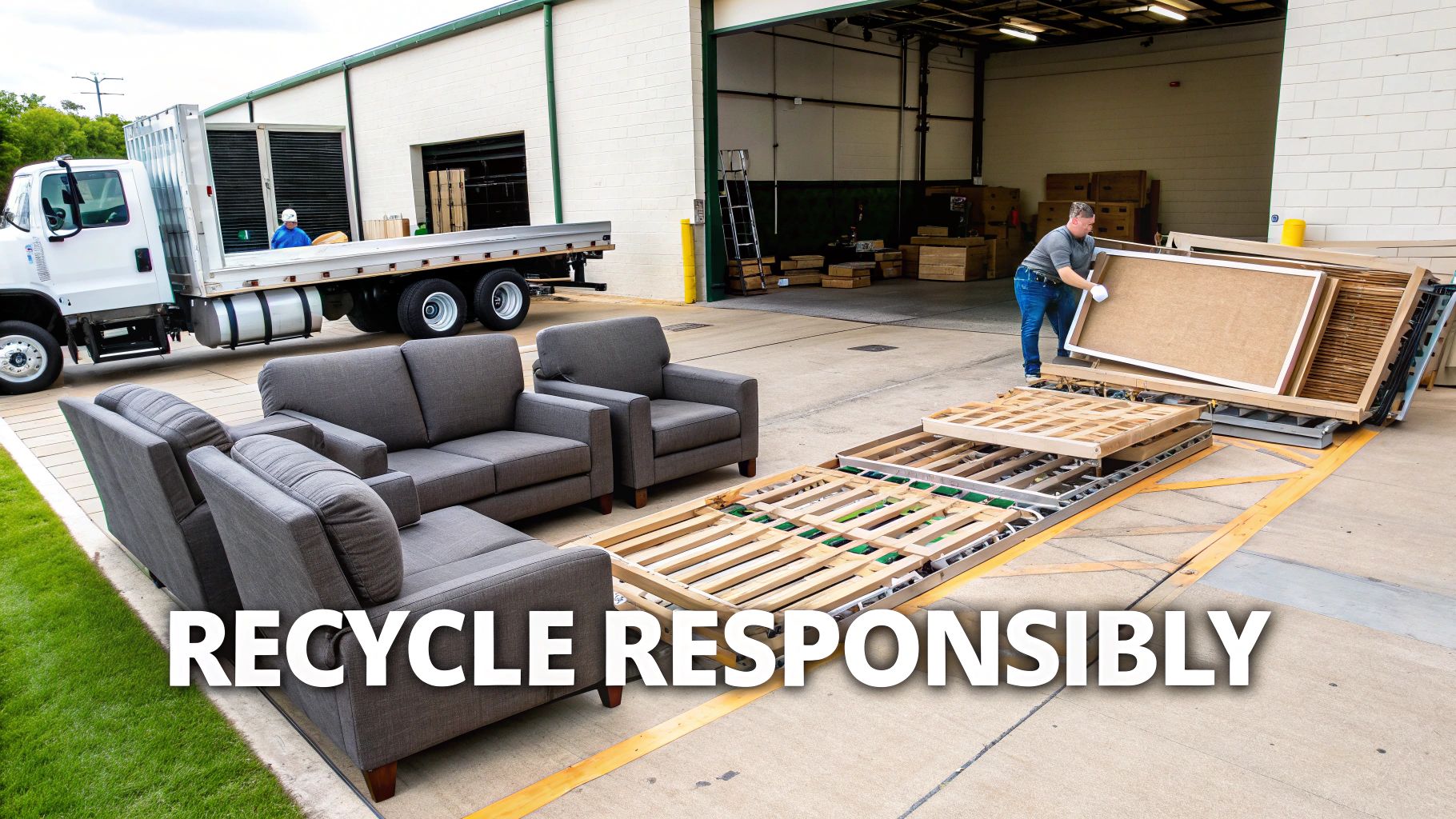 A man disassembles furniture outside a warehouse, with couches and wooden pallets for recycling.
