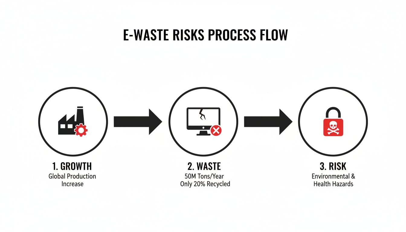 Diagram illustrating the E-waste risks process flow from global production growth to waste generation and environmental health hazards.