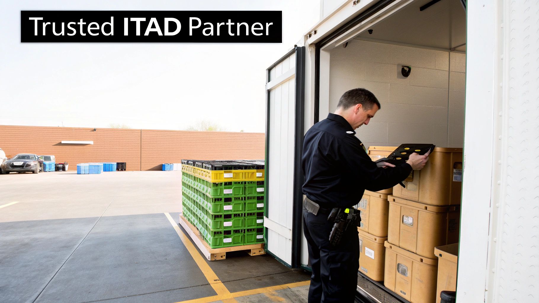 A uniformed man scans containers inside a truck, reflecting secure IT asset disposition and data erasure.