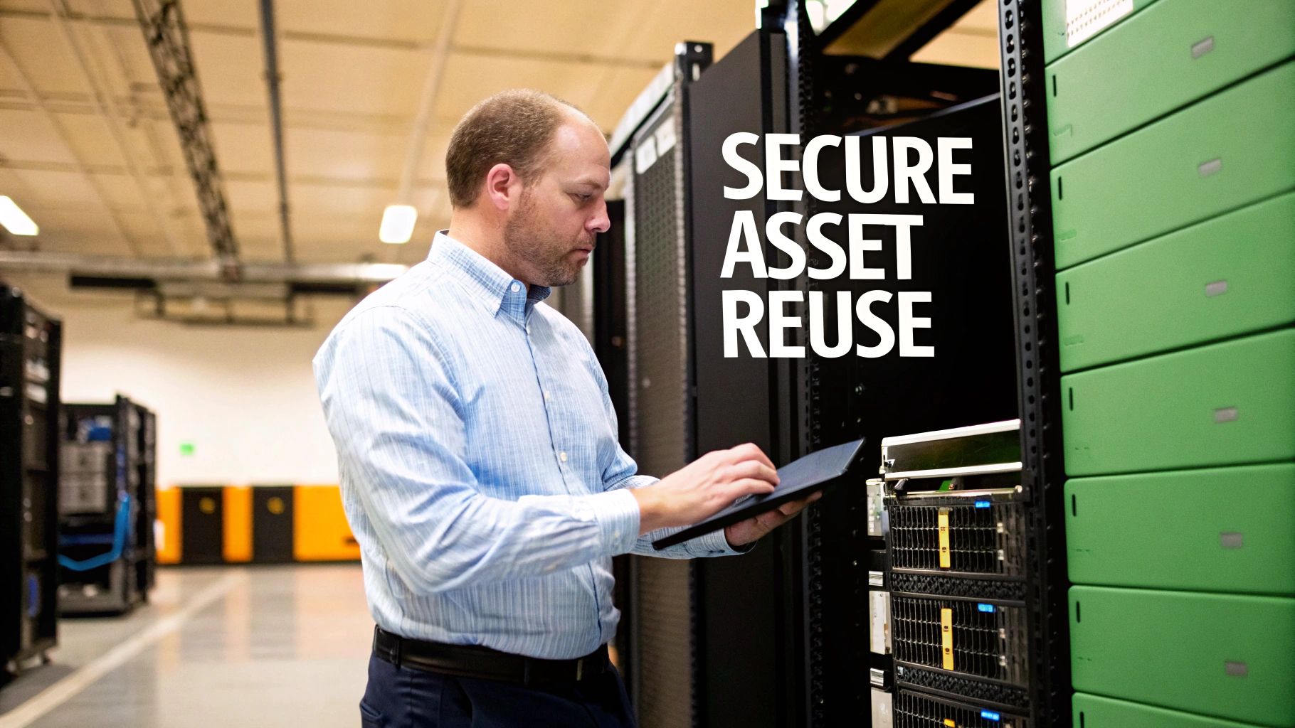 Man examining server equipment in a technology reuse facility, emphasizing secure asset reuse, with green storage units in the background.