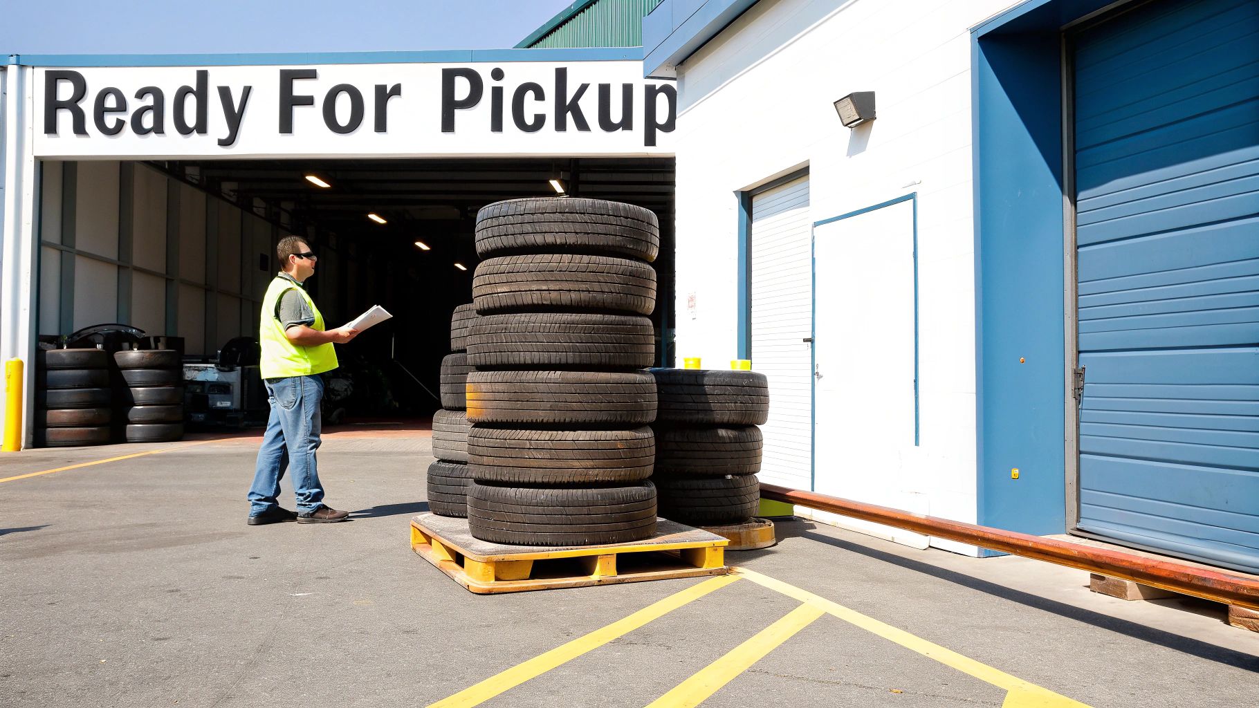 Man in safety vest inspecting stacks of tires on pallets at a tire recycling facility.