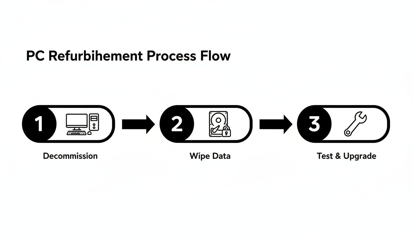 PC refurbishment process flowchart illustrating three key steps: decommissioning, data wiping, and testing & upgrading for refurbished computers.