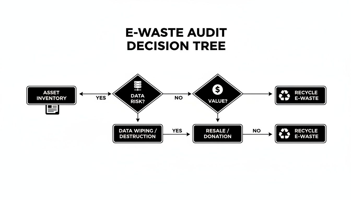 A flowchart outlining the E-Waste Audit Decision Tree, guiding asset disposition based on data risk and value.