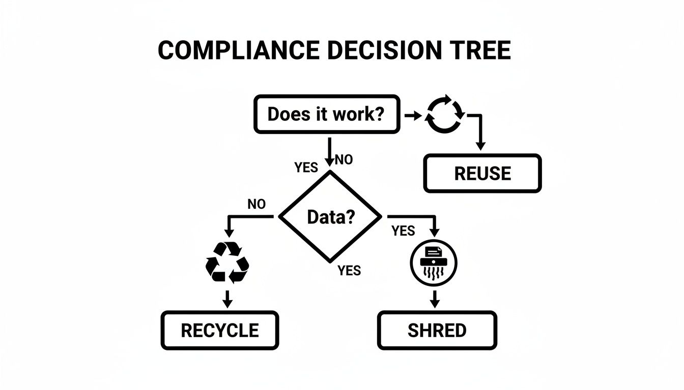A compliance decision tree flowchart detailing steps for equipment disposal based on functionality and data presence.