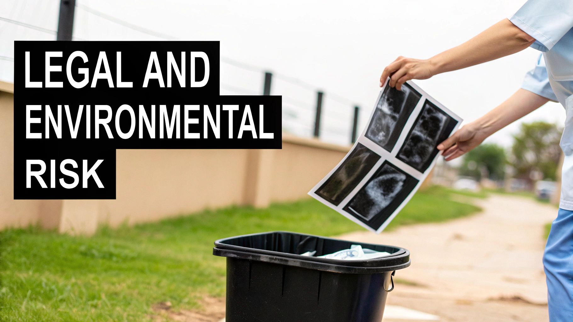 A medical professional discards X-ray films into a bin, illustrating legal and environmental risks.
