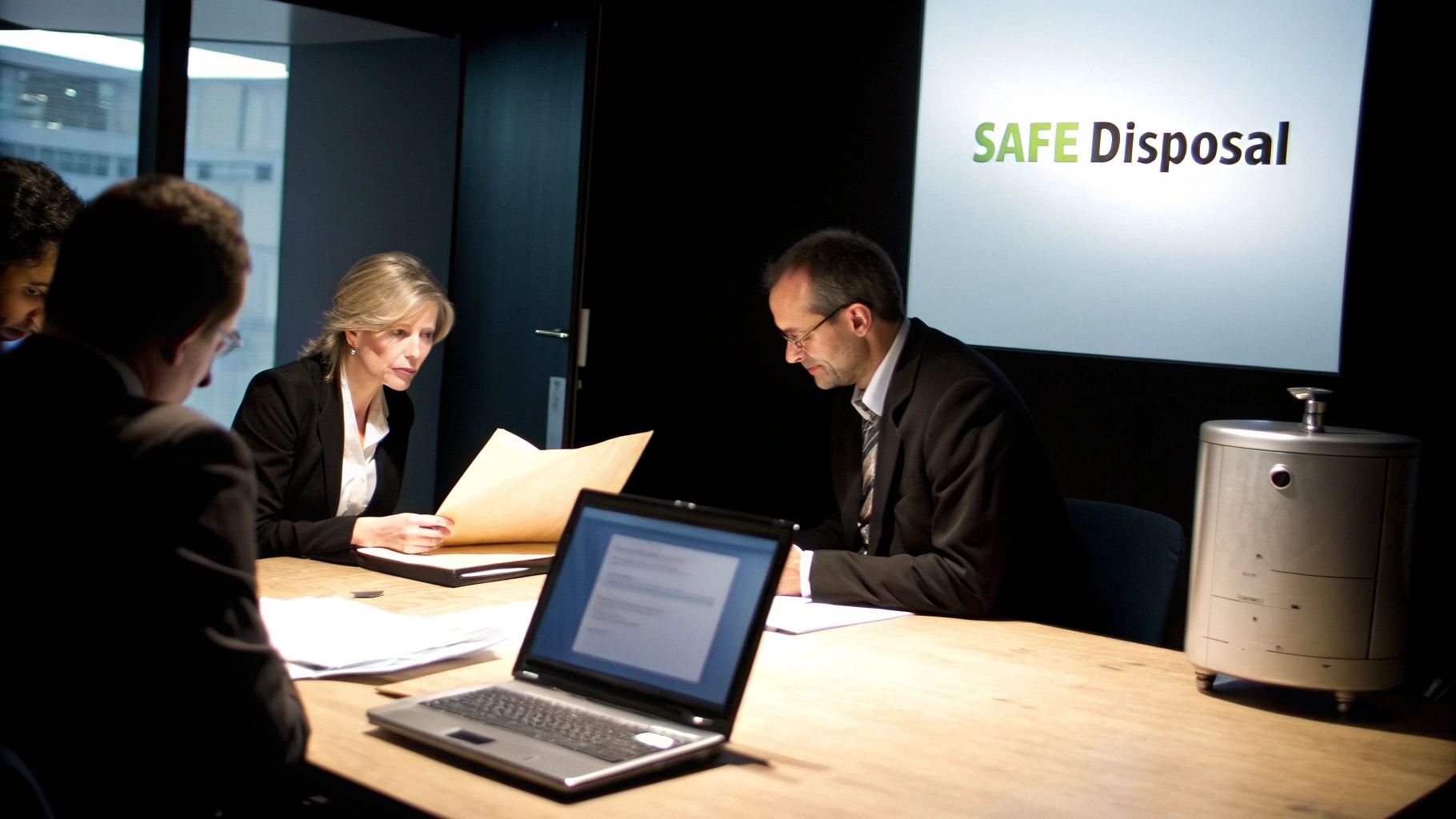 A stack of old computer towers and monitors ready for disposal in an office setting.