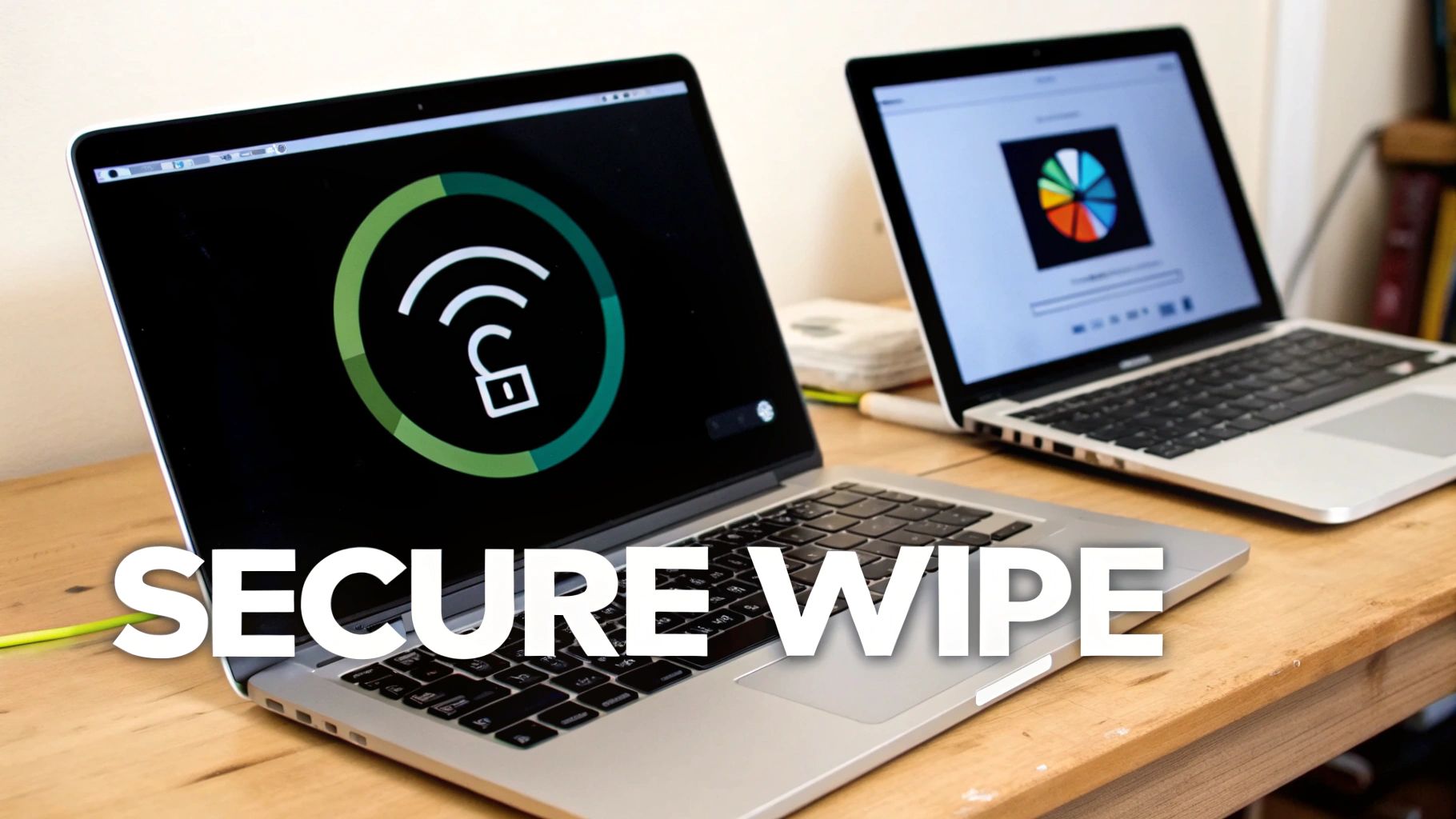 Laptops on a wooden desk, one with 'SECURE WIPE' text and an unlocked padlock icon on its screen.