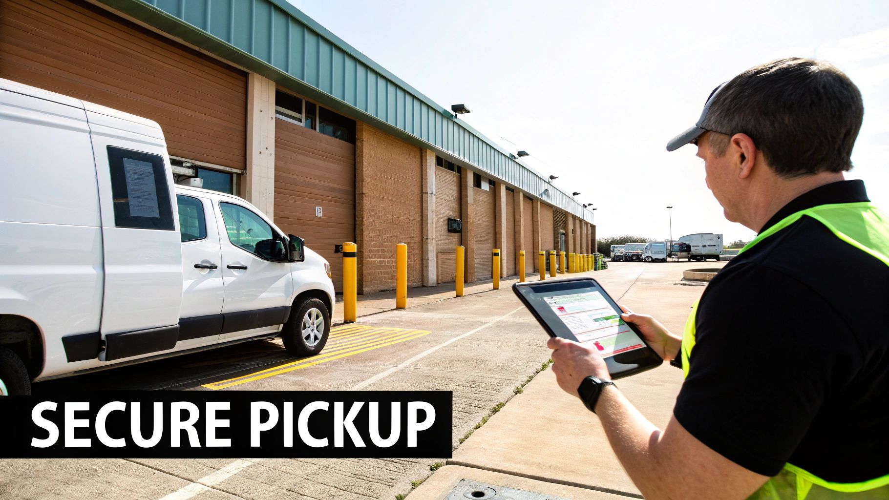 Man in high-vis vest uses a tablet next to a white delivery van at an industrial pickup facility.