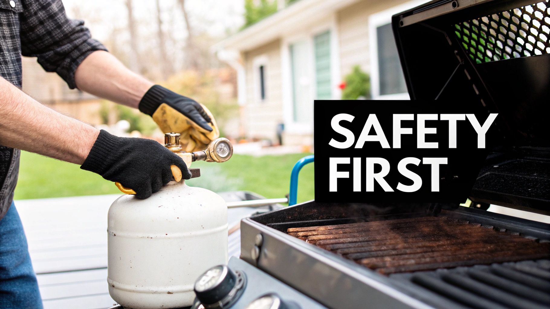 A person safely disconnecting a propane tank from a gas grill in a backyard.