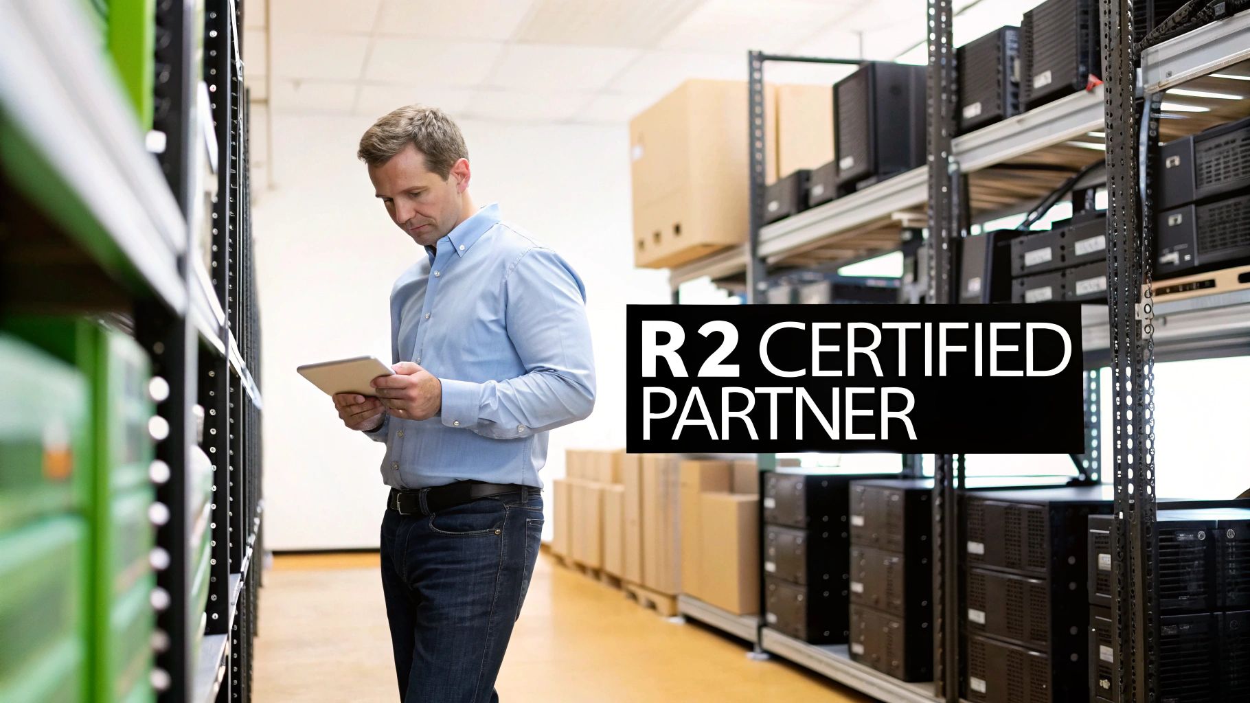 A man in a warehouse inspects electronics on shelves with a tablet, R2 Certified Partner overlay.
