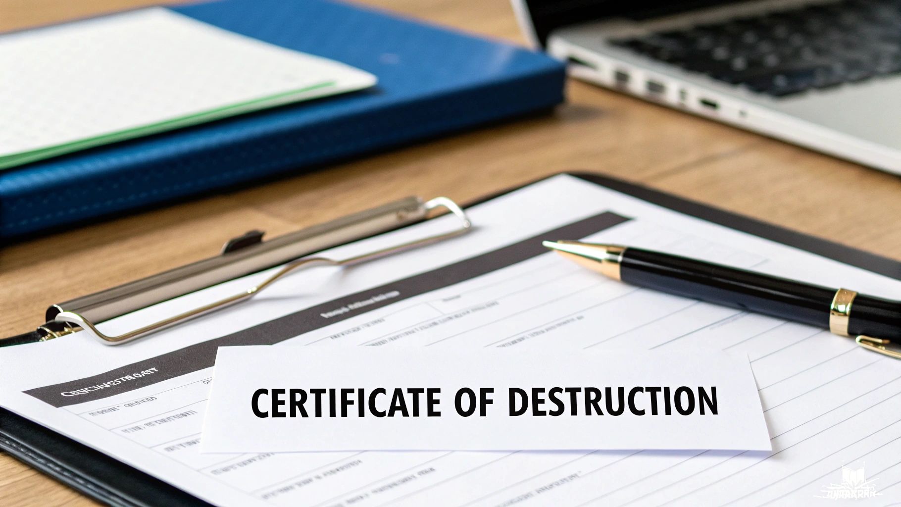 Close-up of a 'Certificate of Destruction' document on a clipboard with a pen, binder, and laptop.