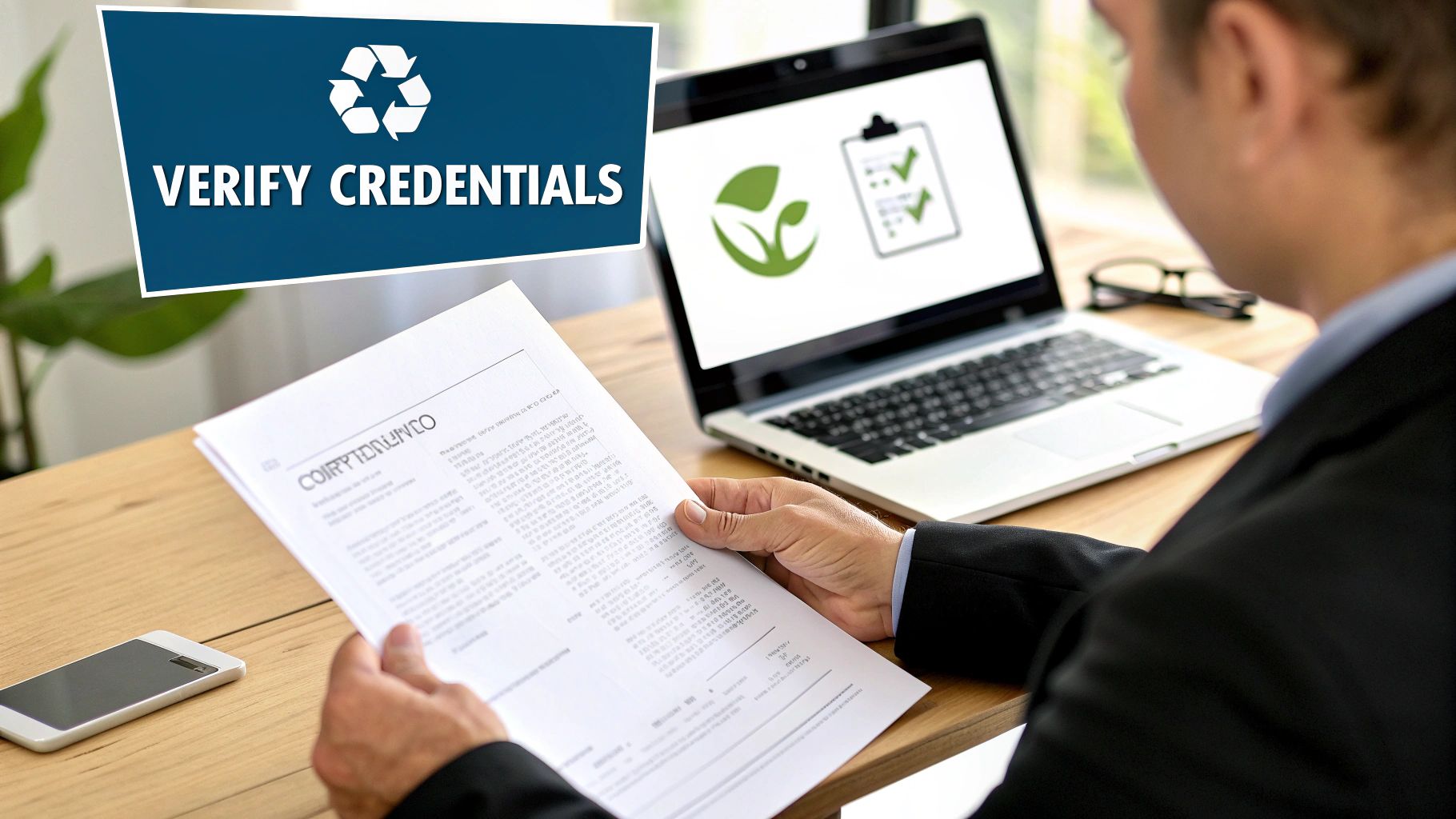 A businessman reviews credentials on paper and laptop, featuring recycling and green certification icons.