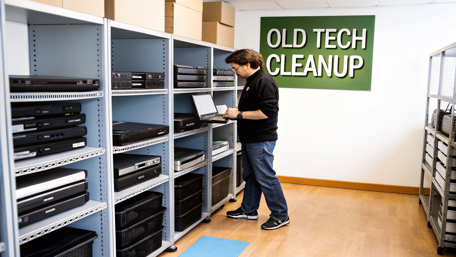 A man stands in a room with shelves of old electronic devices, cataloging them with a laptop.