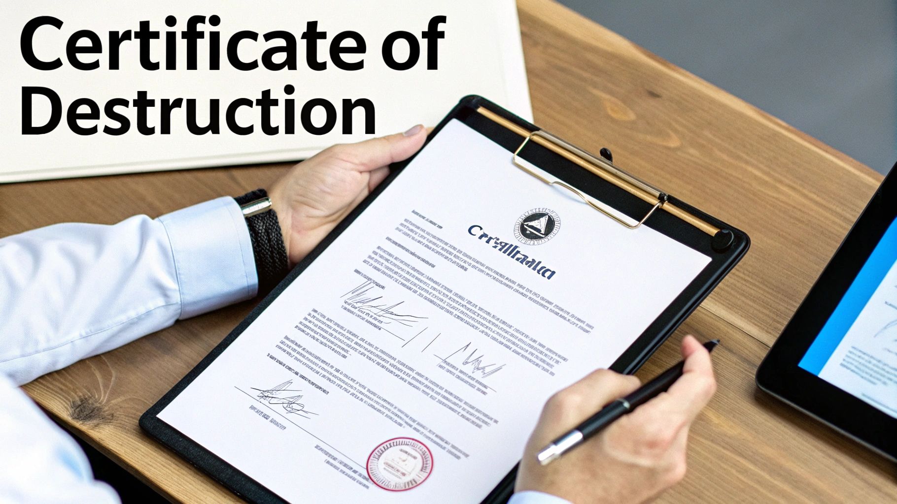 A person is signing a 'Certificate of Destruction' document with a pen, on a wooden desk.