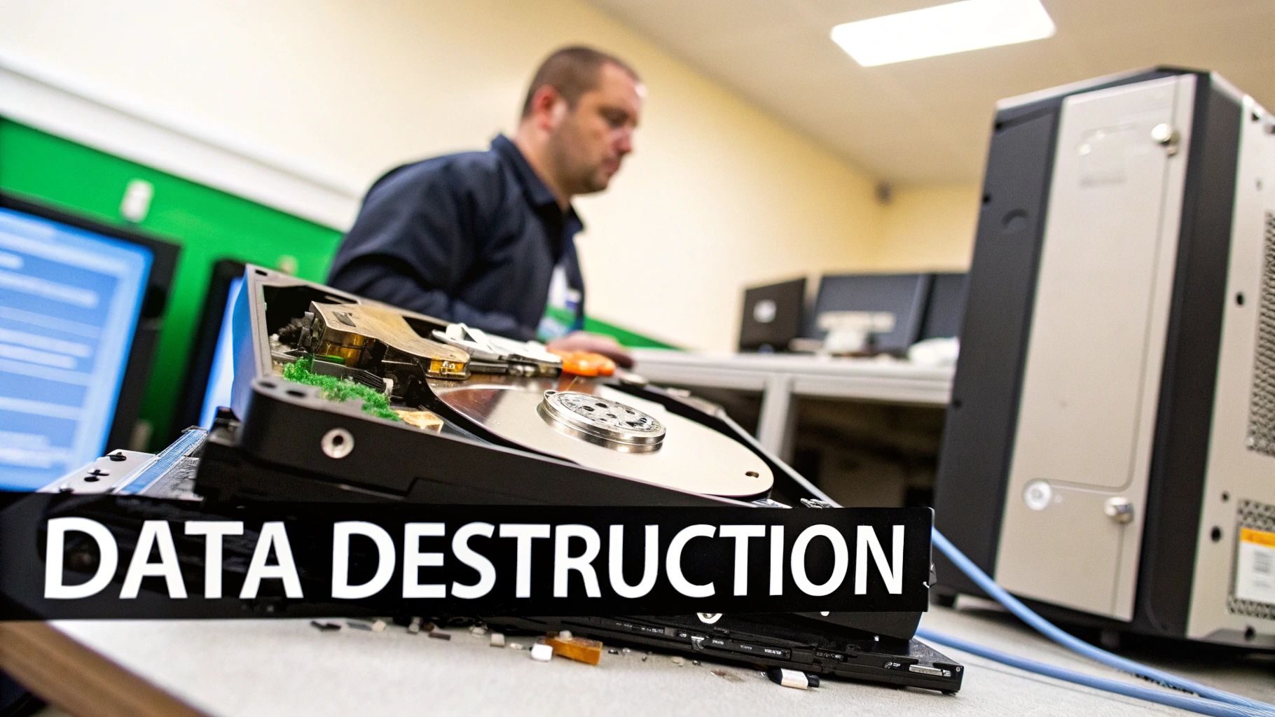 A disassembled hard drive on a table with 'DATA DESTRUCTION' text and a technician working in background.
