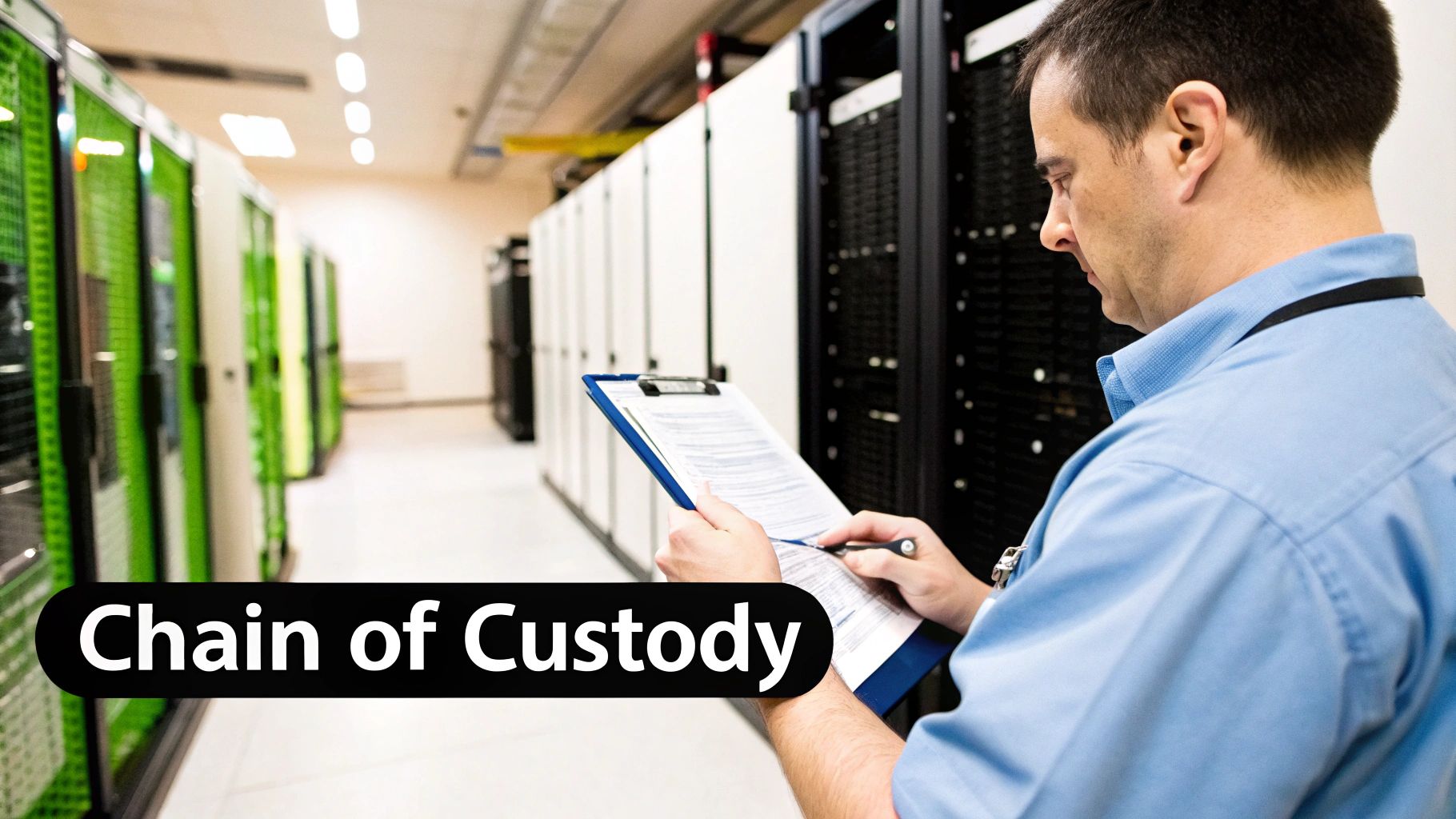 A man in a server room checks a clipboard, performing a data center security or chain of custody inspection.