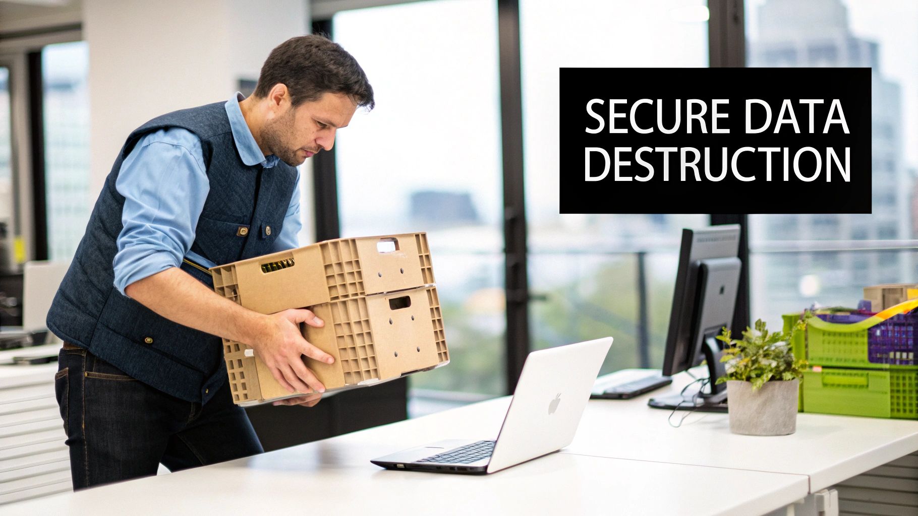 A man carries boxes in an office, with text 'SECURE DATA DESTRUCTION' indicating data management.