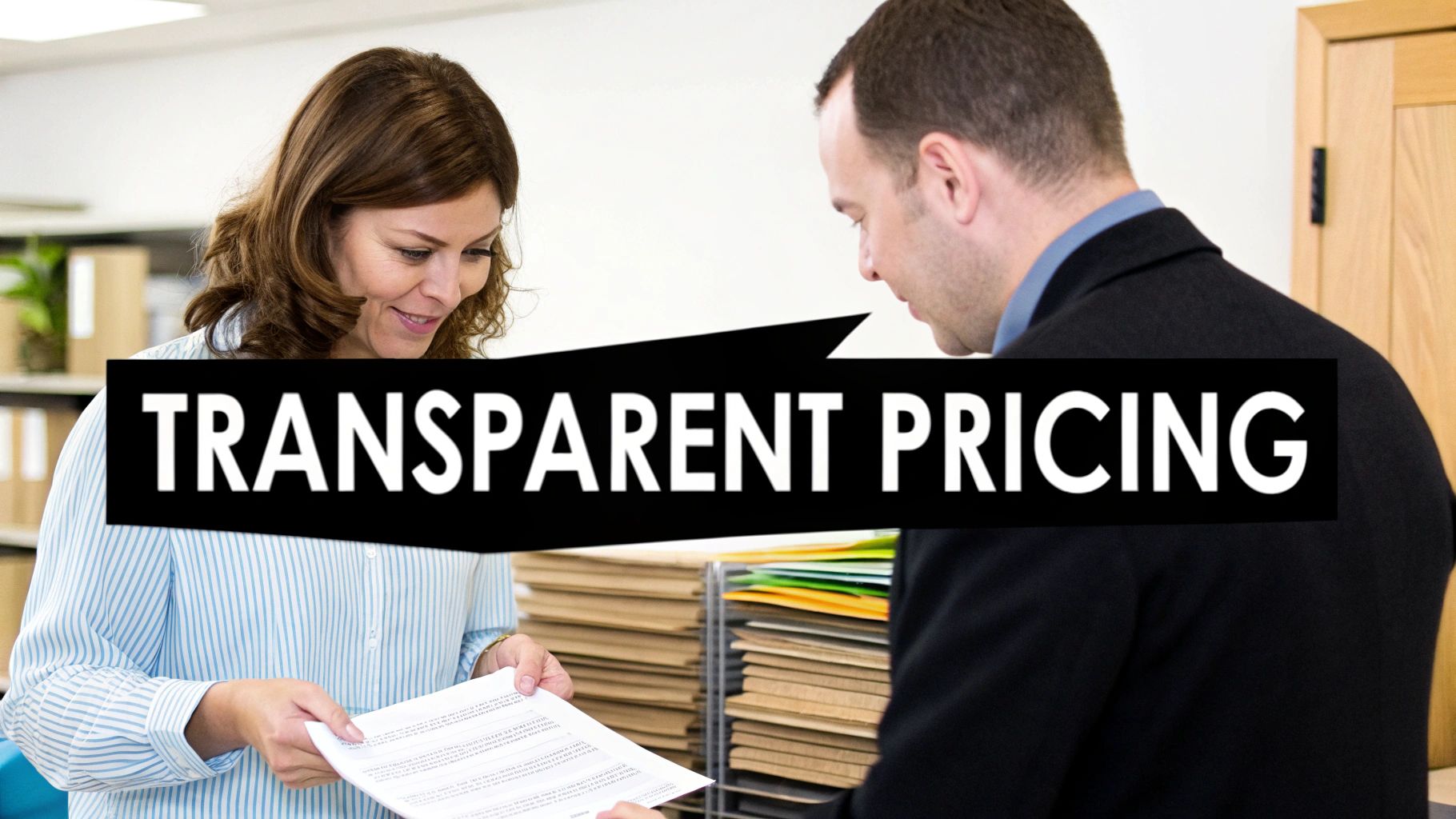 Two people in an office examining a document with a banner promoting transparent pricing.