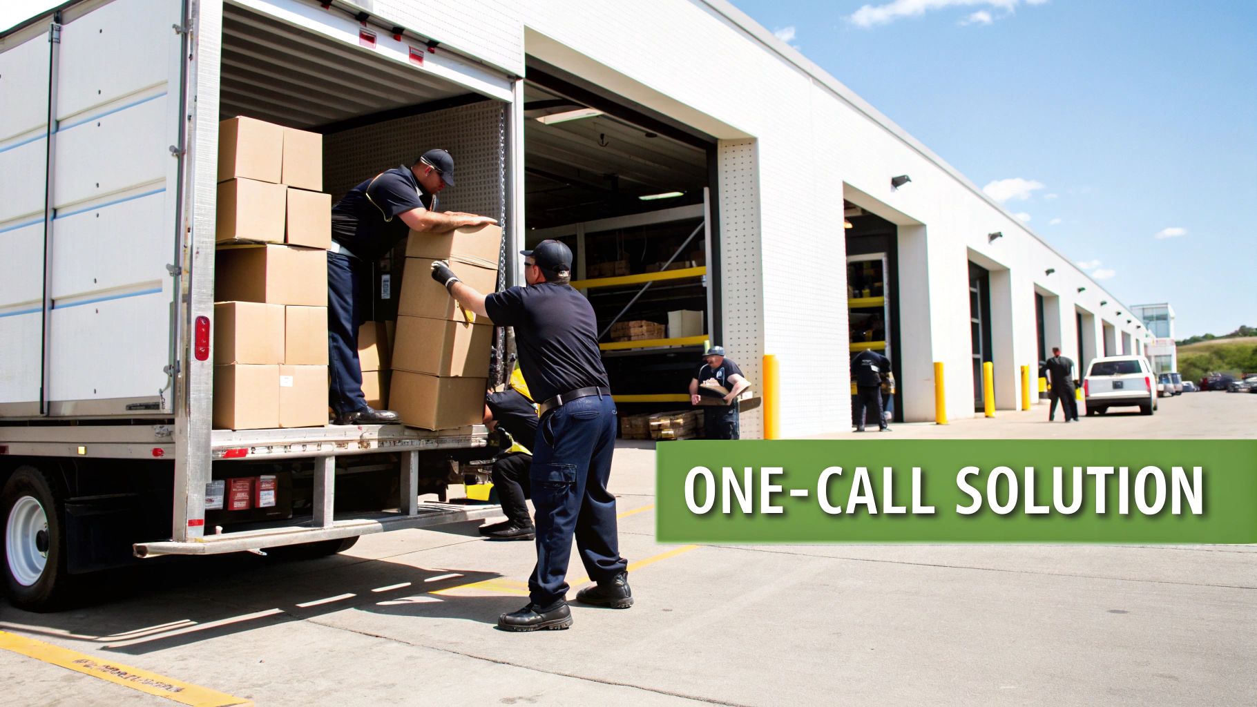 Movers in uniforms loading boxes onto a delivery truck at a commercial warehouse loading dock.
