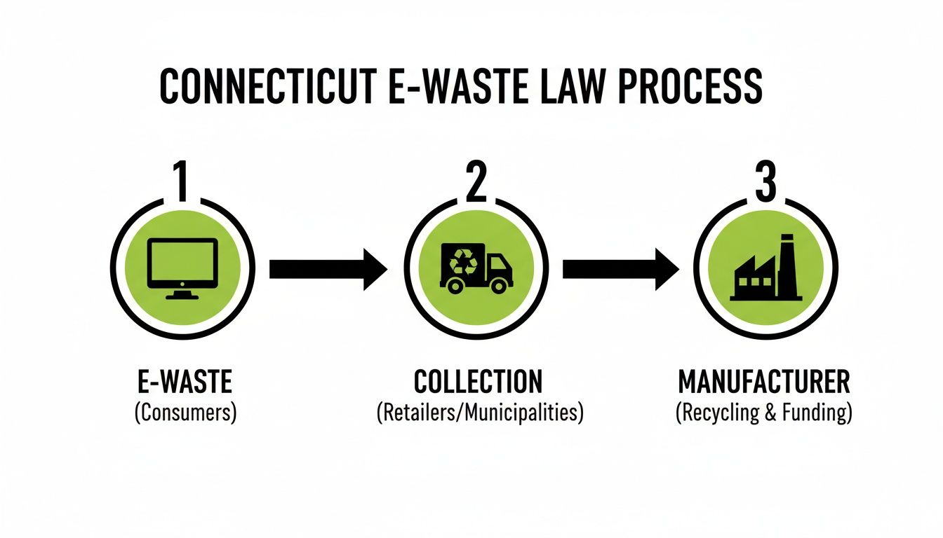Flowchart detailing Connecticut's e-waste law process: consumers generate e-waste, collected by retailers, then sent to manufacturers for recycling.