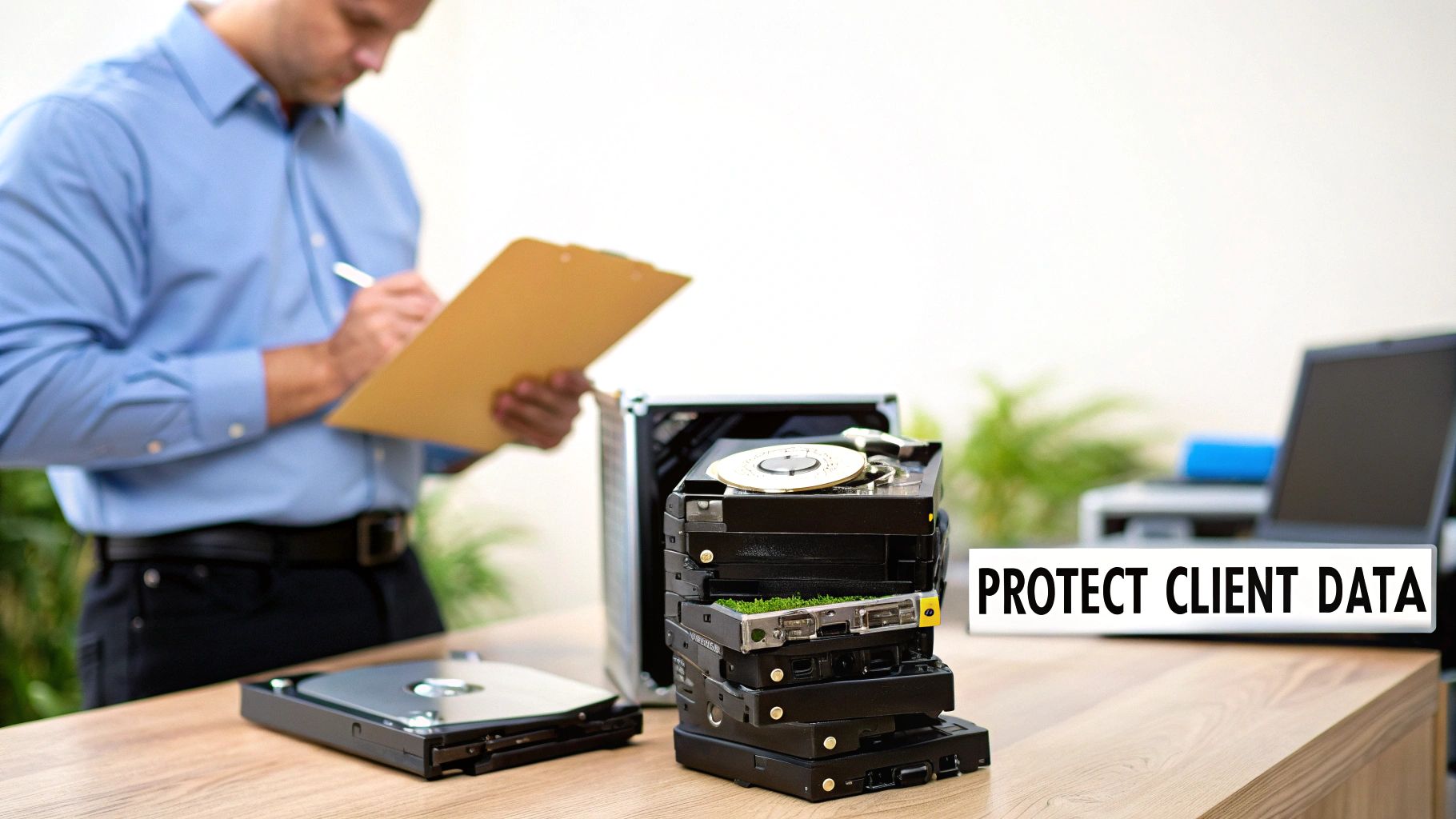 A professional documenting a stack of hard drives and a laptop on a desk, with a 'PROTECT CLIENT DATA' sign.