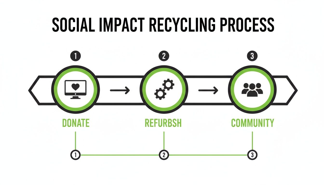 Flowchart illustrating the social impact recycling process: donate electronics, refurbish, and benefit the community.