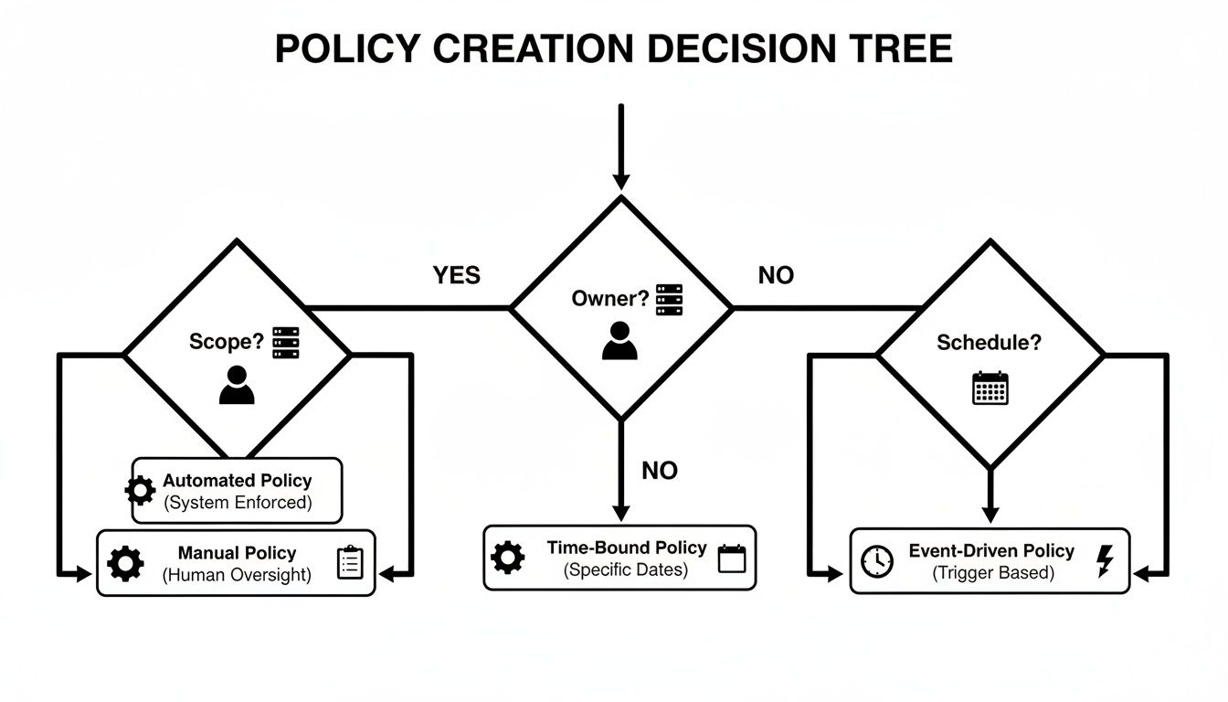 Decision tree flowchart illustrating policy creation types based on scope, owner, and schedule questions.