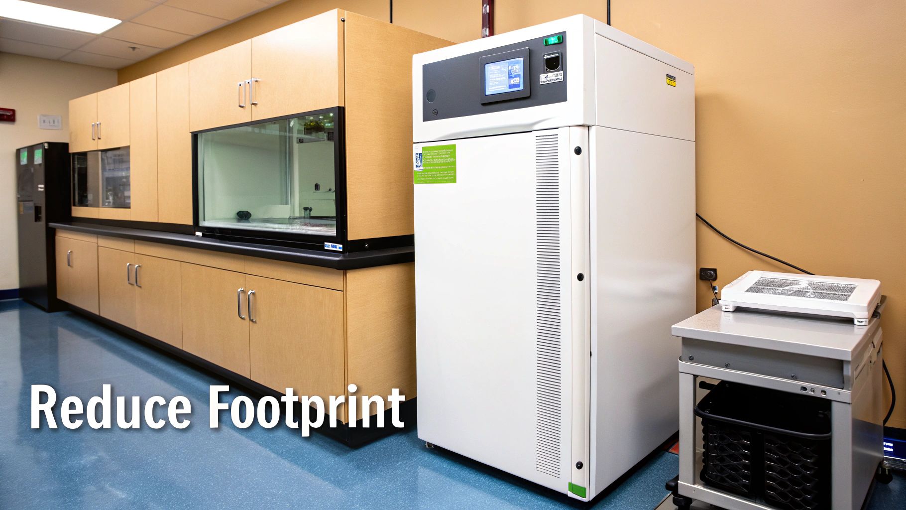 A modern laboratory interior with a large white lab machine, wooden cabinets, and blue flooring.