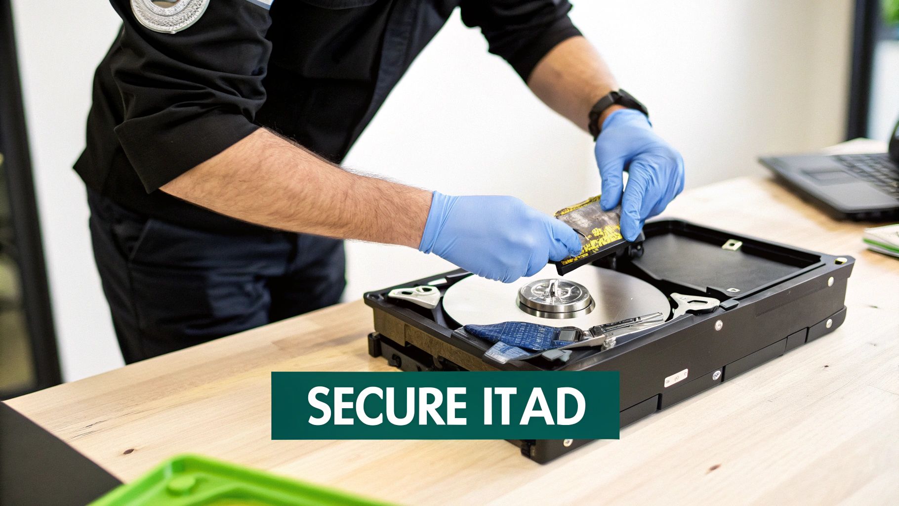 A technician wearing blue gloves disassembles a hard drive on a desk for secure data destruction and ITAD.
