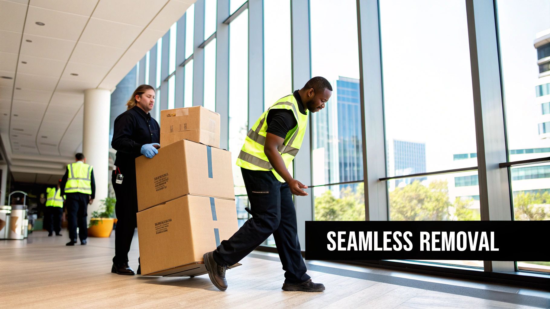 Movers transporting stacked cardboard boxes on a dolly in a bright, modern building with large windows.