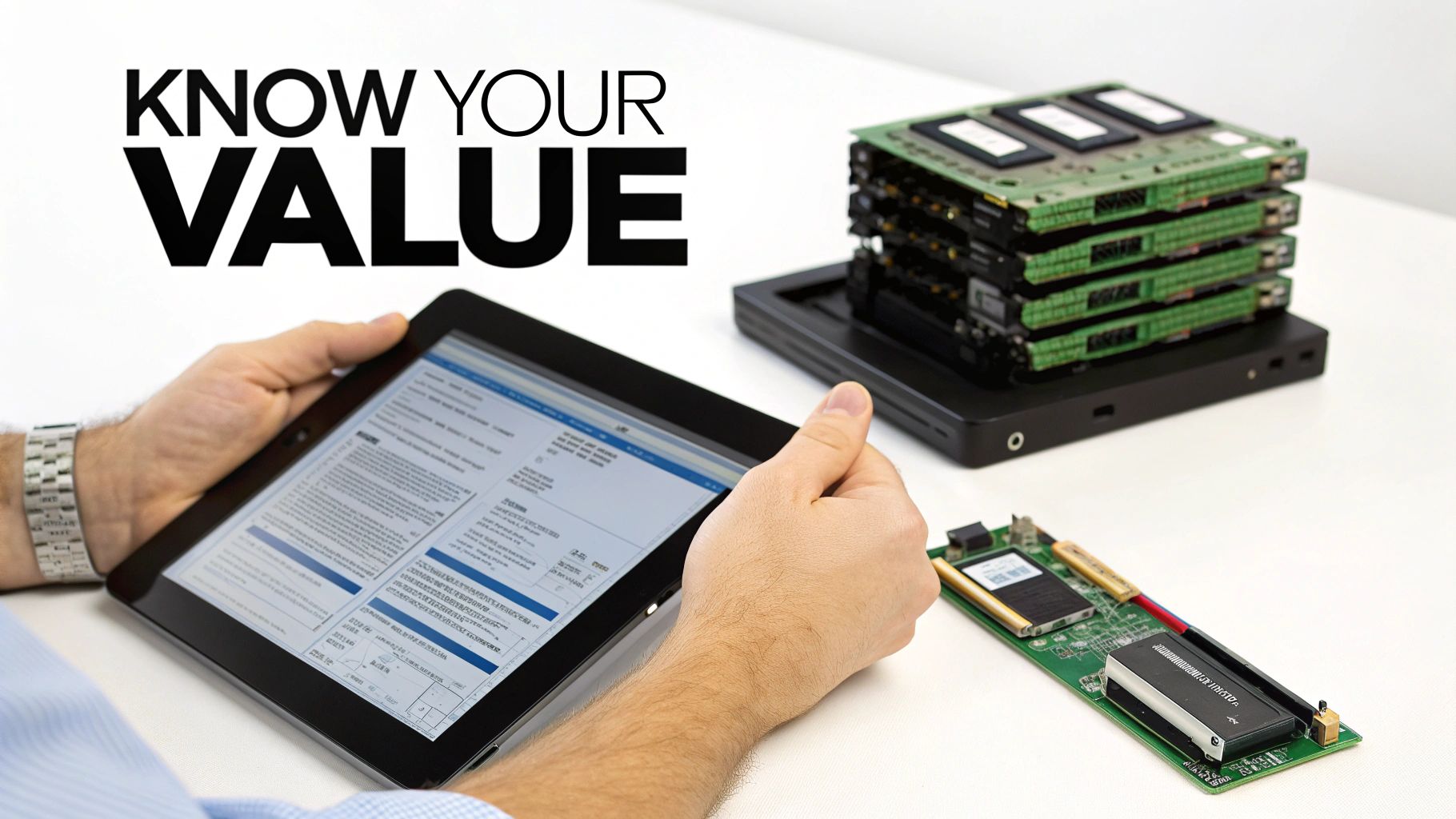 A person holds a tablet displaying data, next to stacks of computer server boards and a circuit board. Text says 'KNOW YOUR VALUE'.