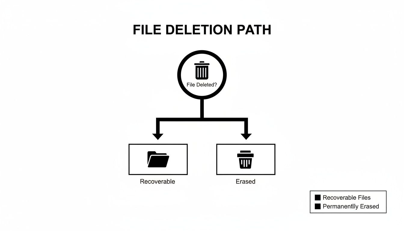 Flowchart illustrating the file deletion path, showing options for recoverable or permanently erased files.