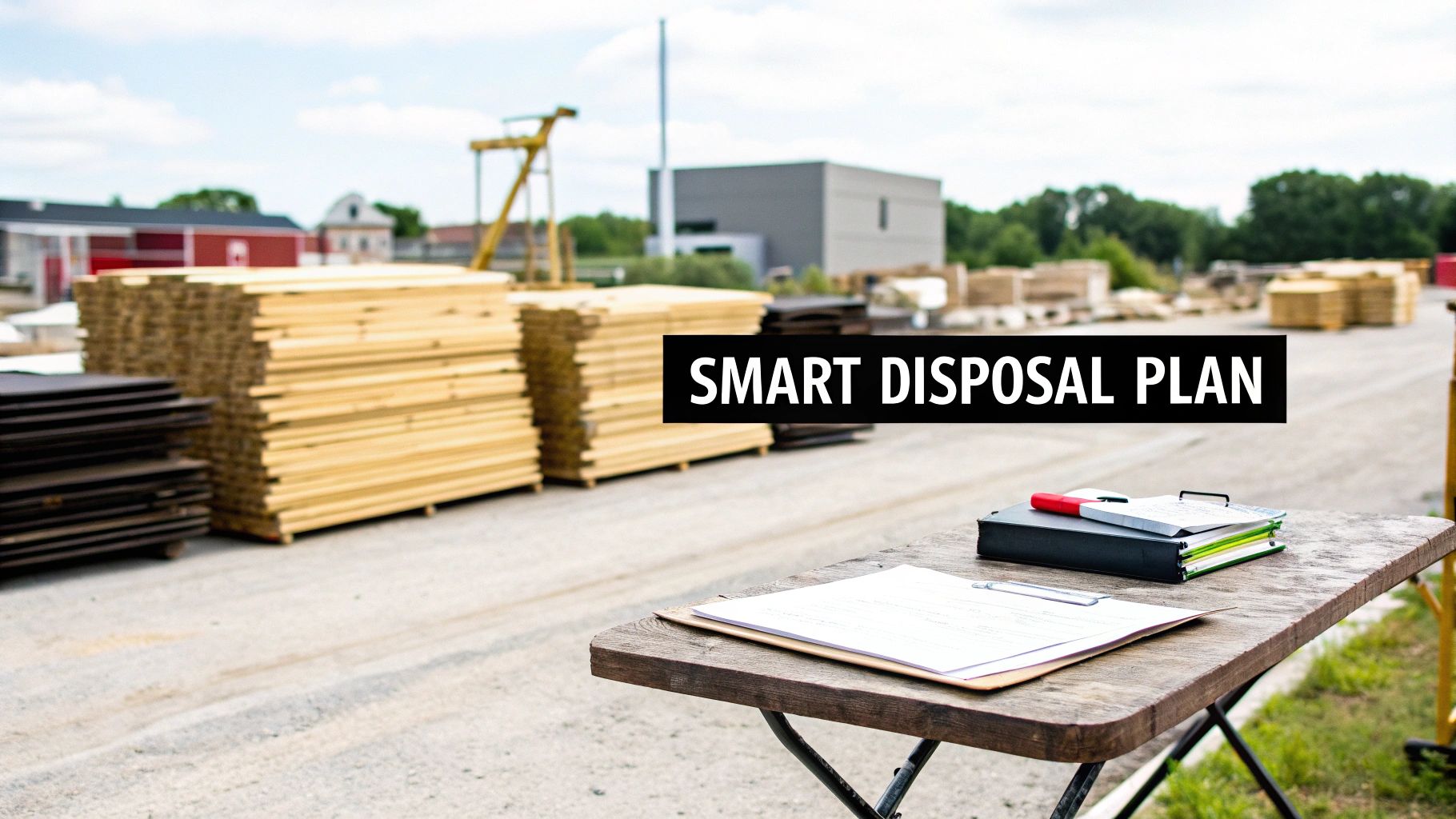 Construction site with lumber stacks and planning documents showing smart disposal plan strategy