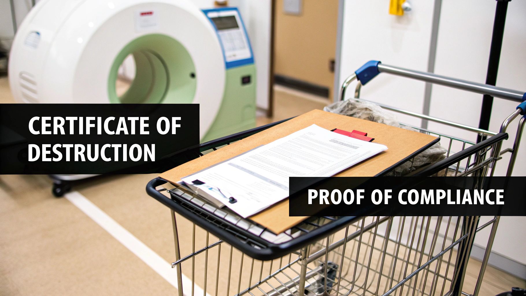 Documents labeled 'Certificate of Destruction' and 'Proof of Compliance' on a cart in a hospital.
