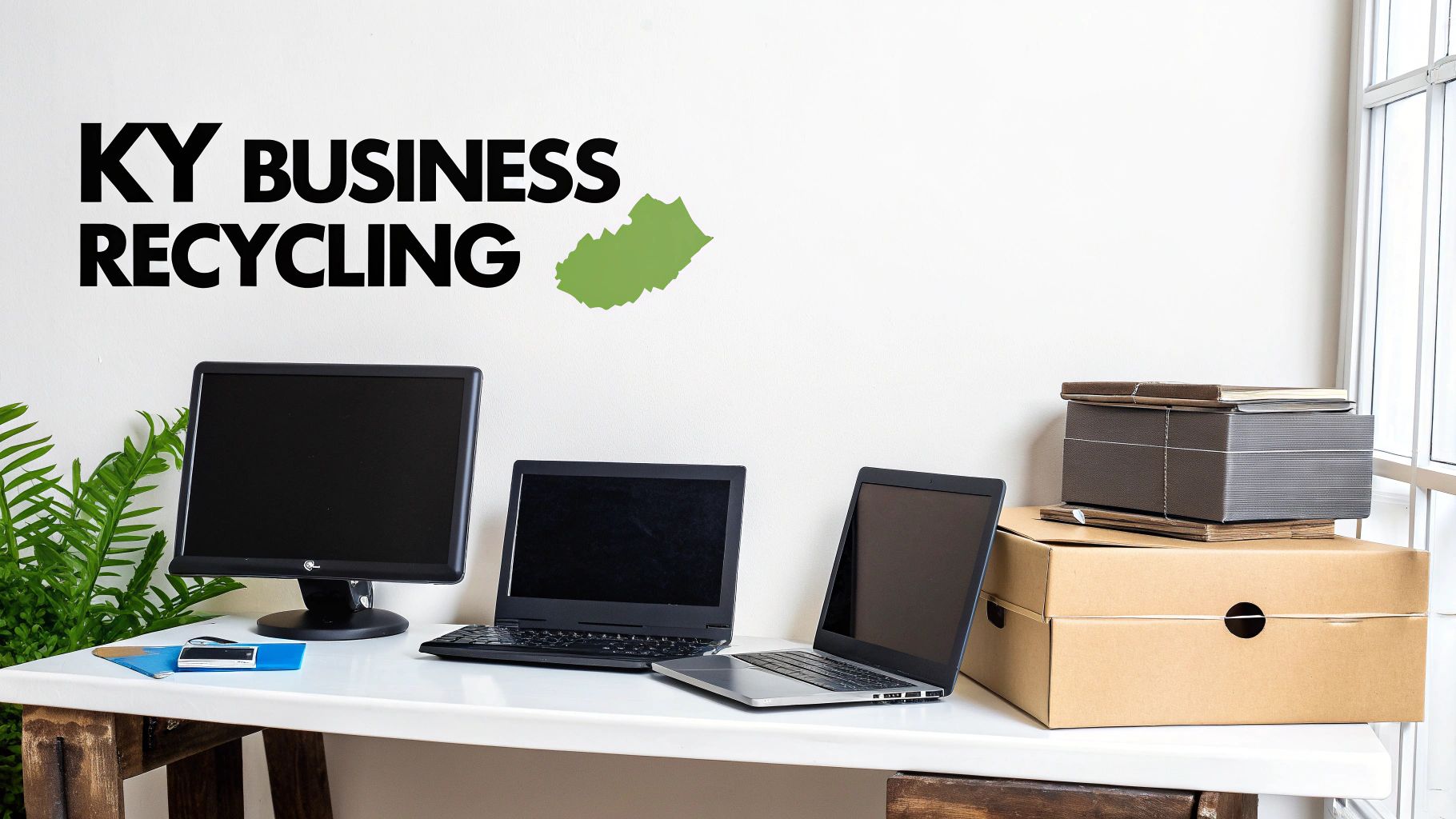 Desk with old computer monitors, laptops, and boxes, promoting Kentucky business electronics recycling.