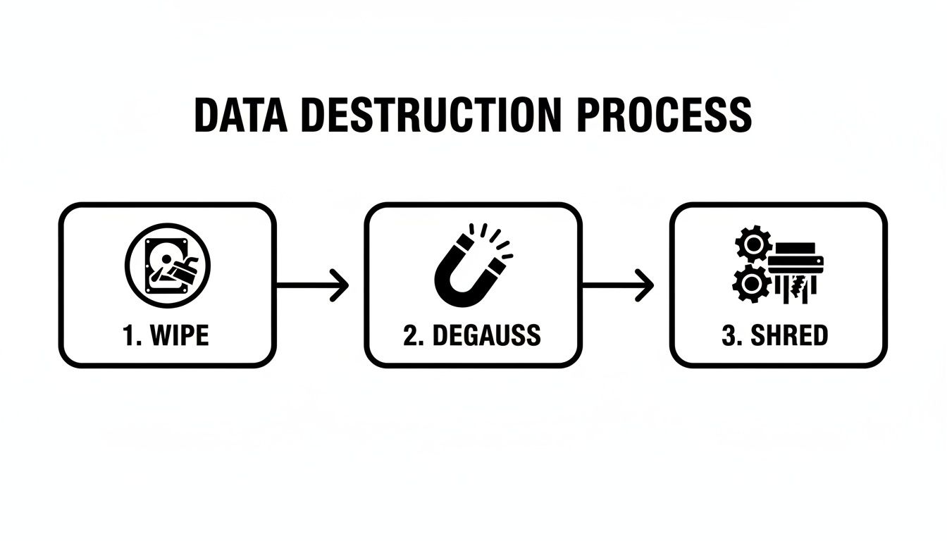A flowchart illustrating the three-step data destruction process: Wipe, Degauss, and Shred with corresponding icons.