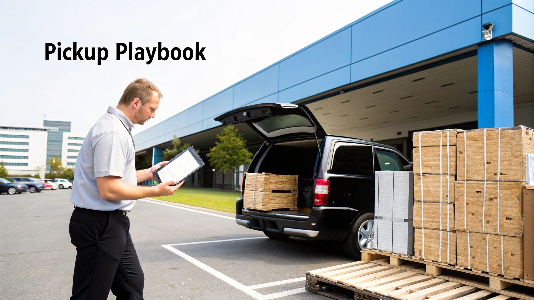 A man with a tablet reviews documents next to a black van and packages for pickup.