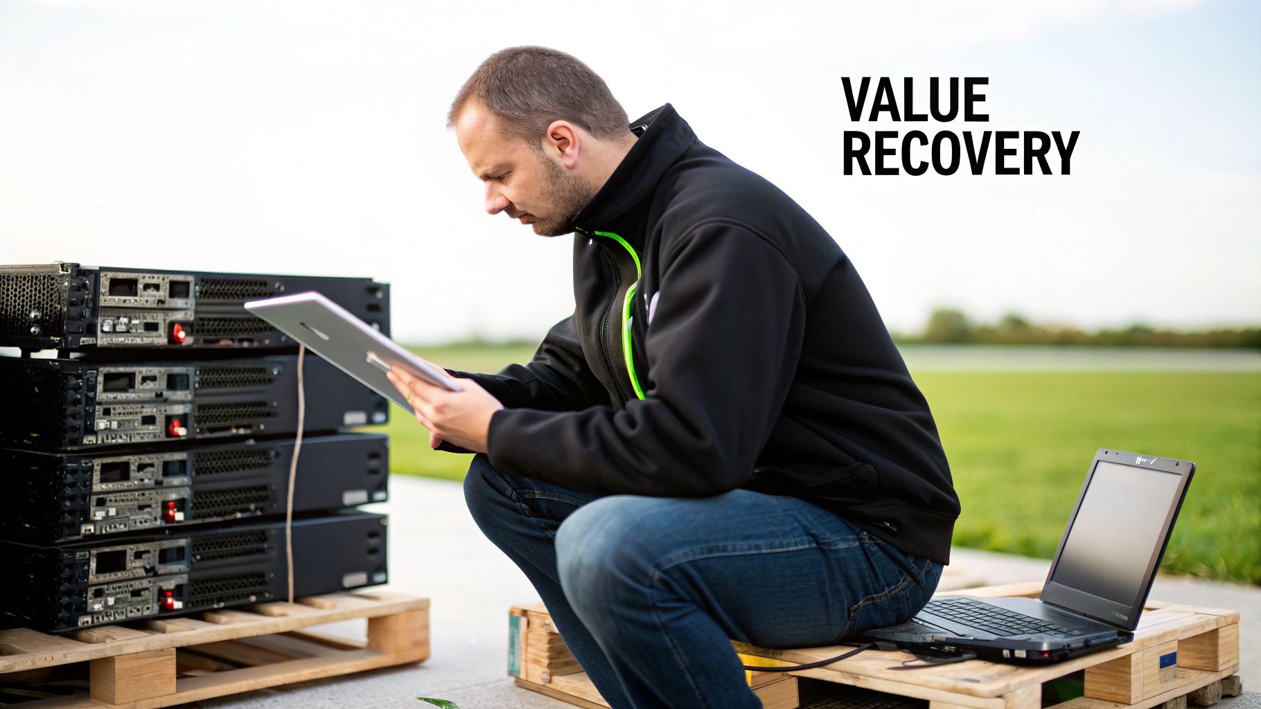 A man inspects stacked servers and a laptop on wooden pallets outdoors, with 'VALUE RECOVERY' text visible.