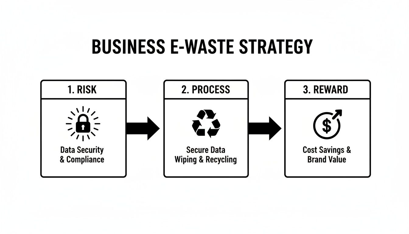 Infographic detailing a business e-waste strategy: risk of data security, process of secure recycling, and reward.
