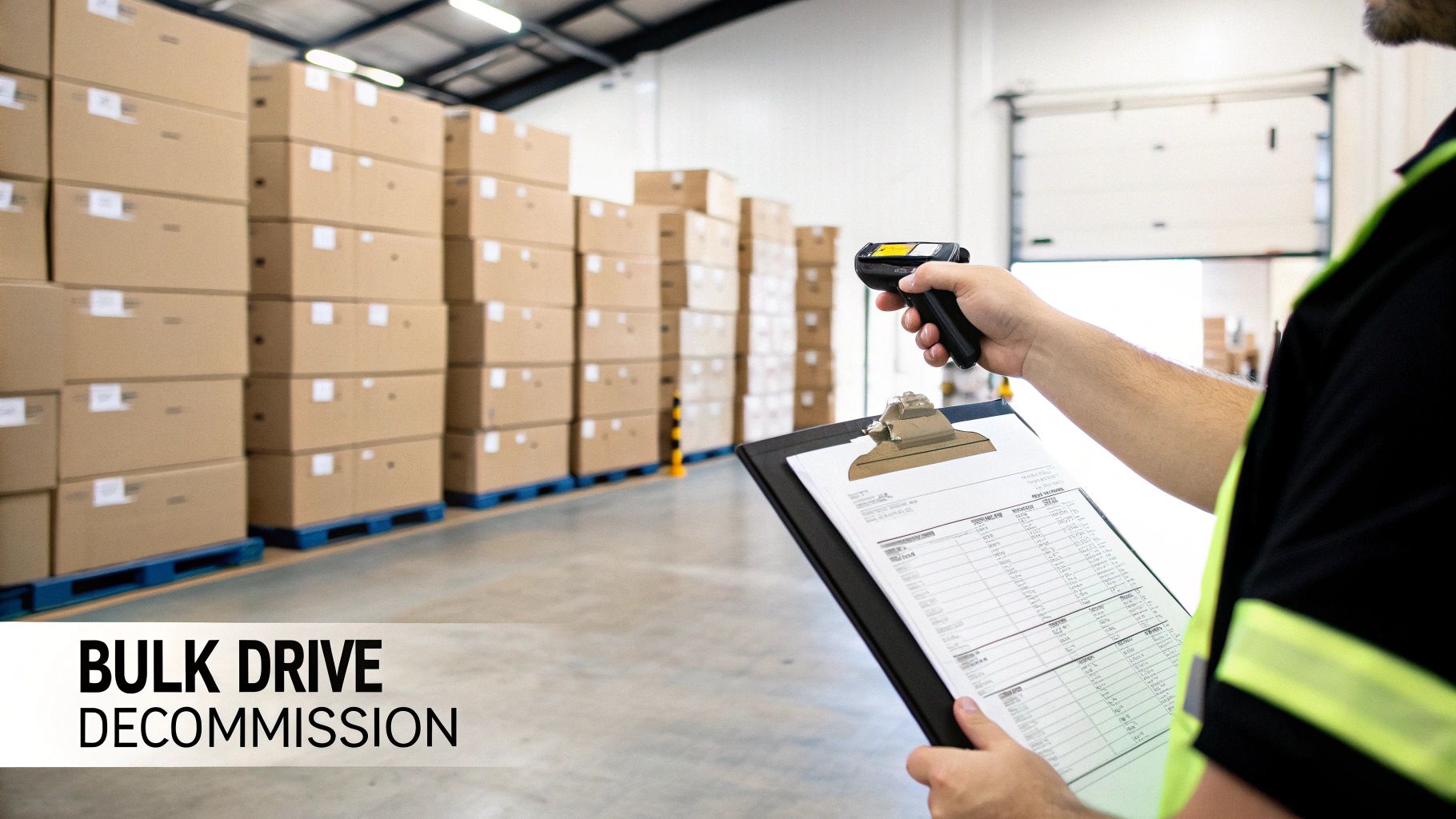 A warehouse worker scans boxes with a barcode scanner while holding a clipboard, with stacks of boxes on pallets.