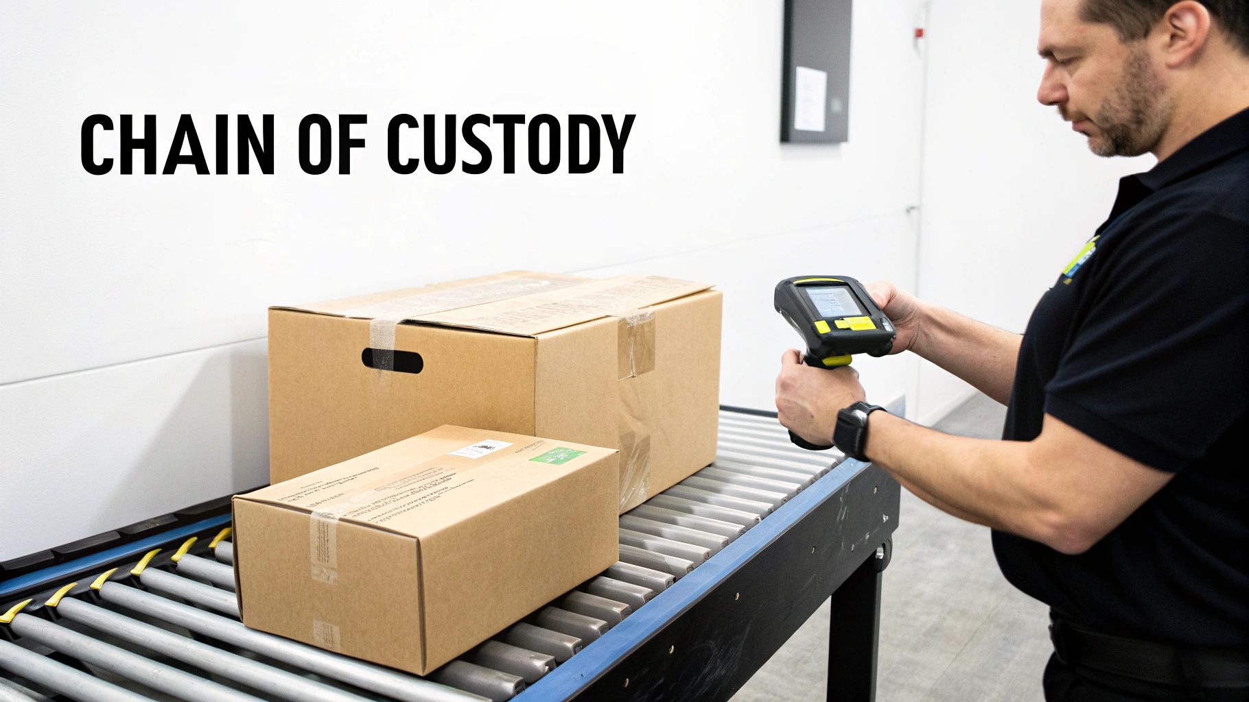 A man scans packages on a conveyor belt in a warehouse, highlighting the chain of custody process.