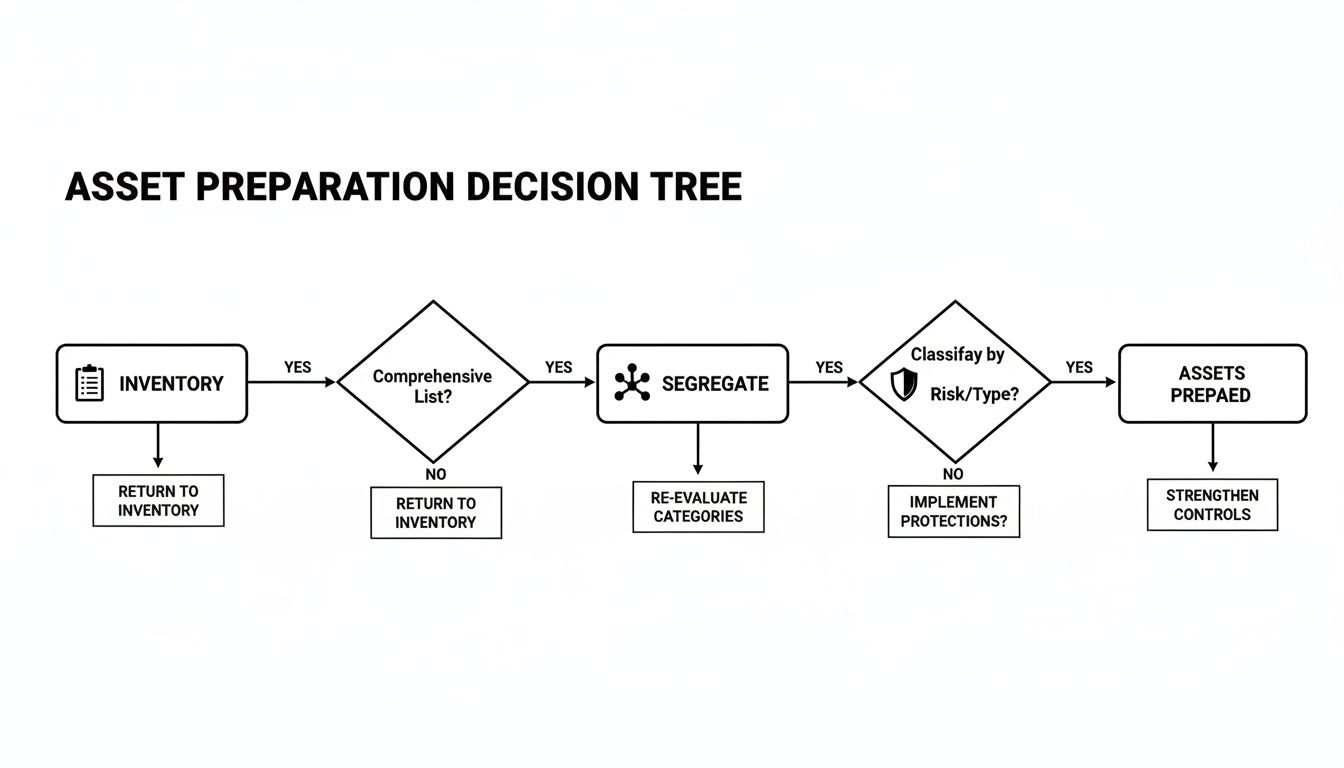 A flowchart detailing the asset preparation decision tree, from inventory to asset readiness.