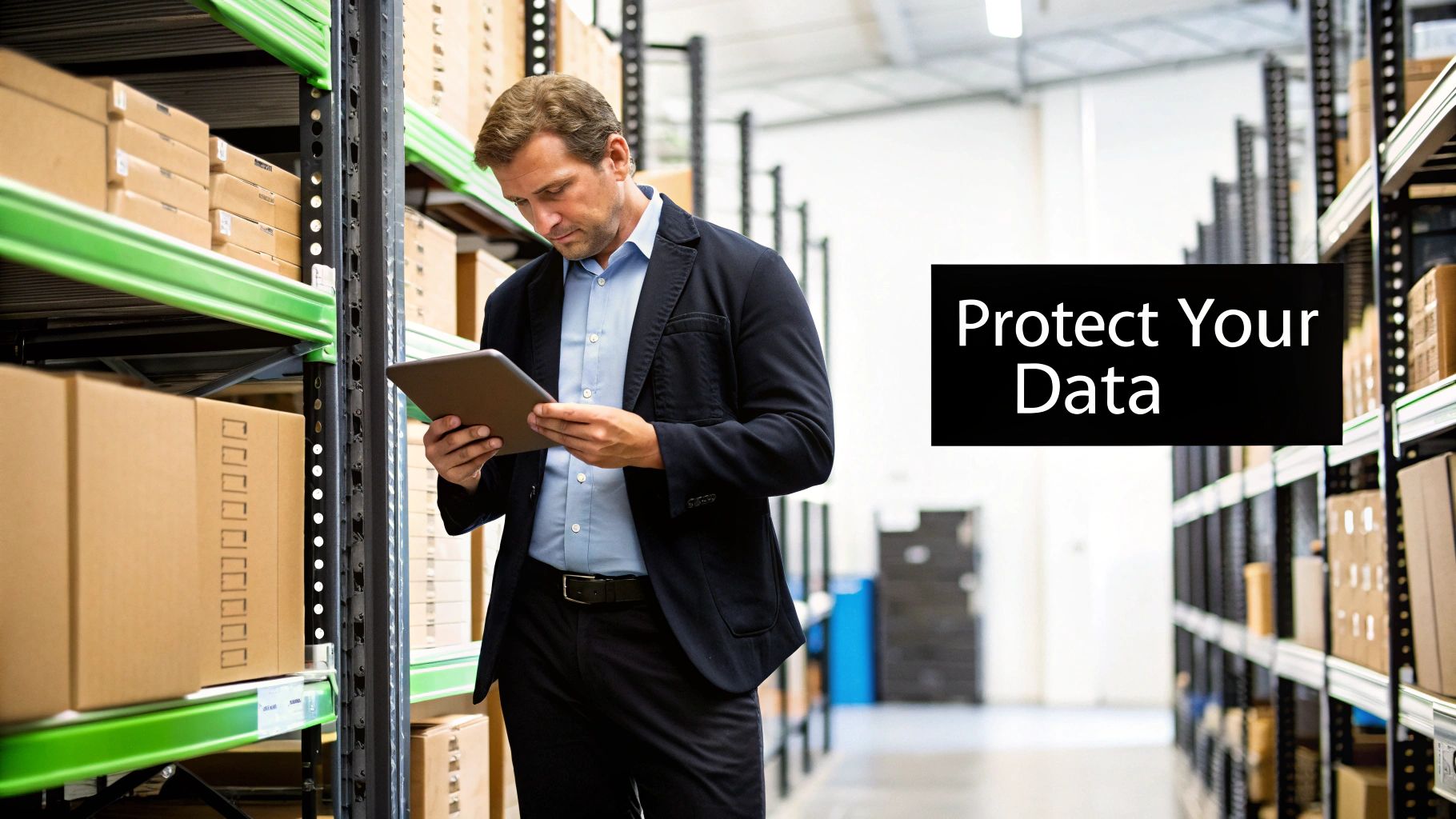 A man uses a tablet to manage inventory in a warehouse, with a 'Protect Your Data' message.