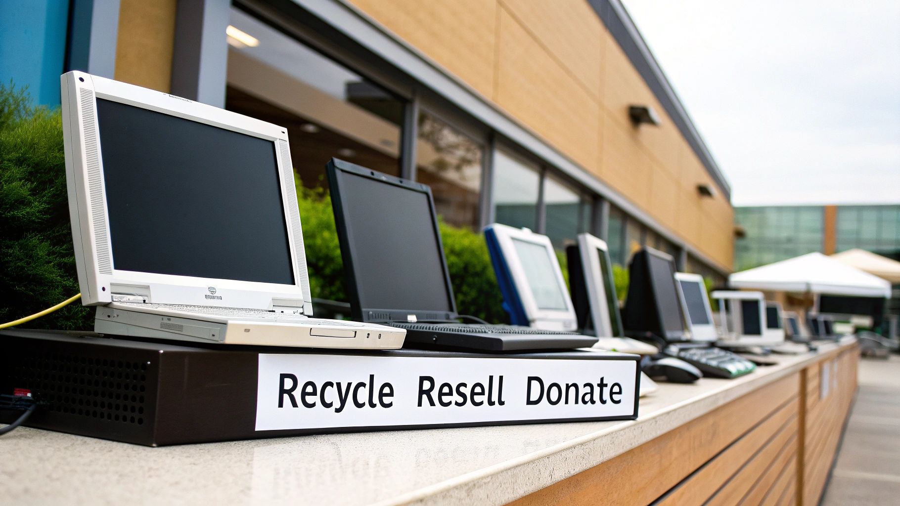 Three distinct piles of electronics: one being sorted for recycling, one being cleaned for resale, and one being packed for donation.