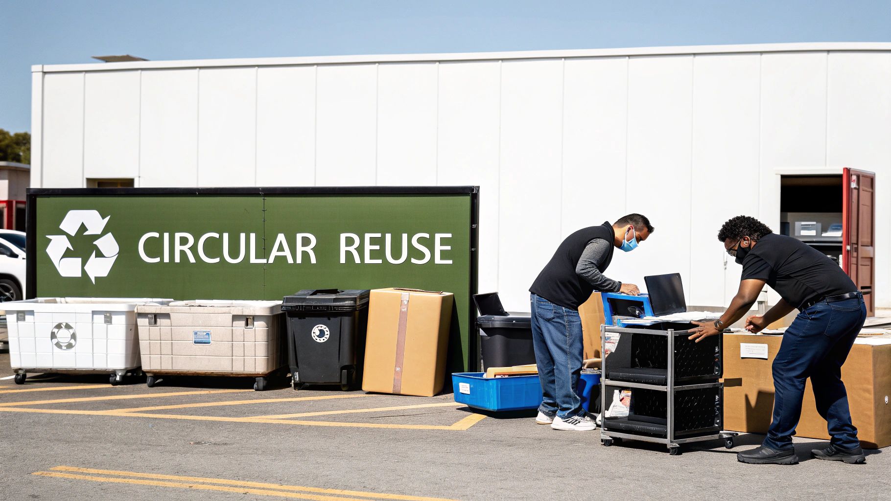 Two men in masks organize electronics and boxes at a circular reuse station outdoors.