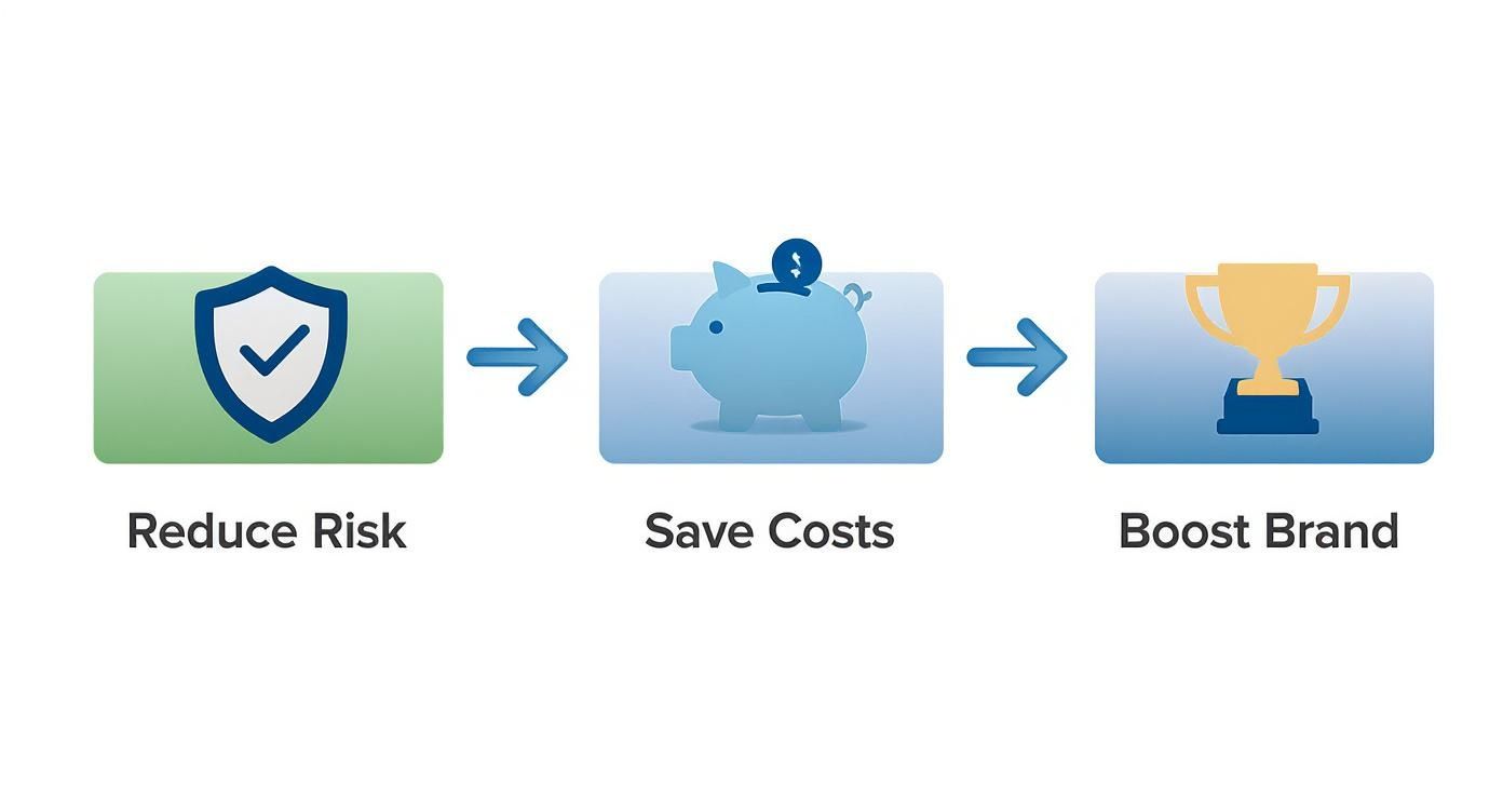 Three-step business benefits infographic showing reduce risk shield, save costs piggy bank, and boost brand trophy