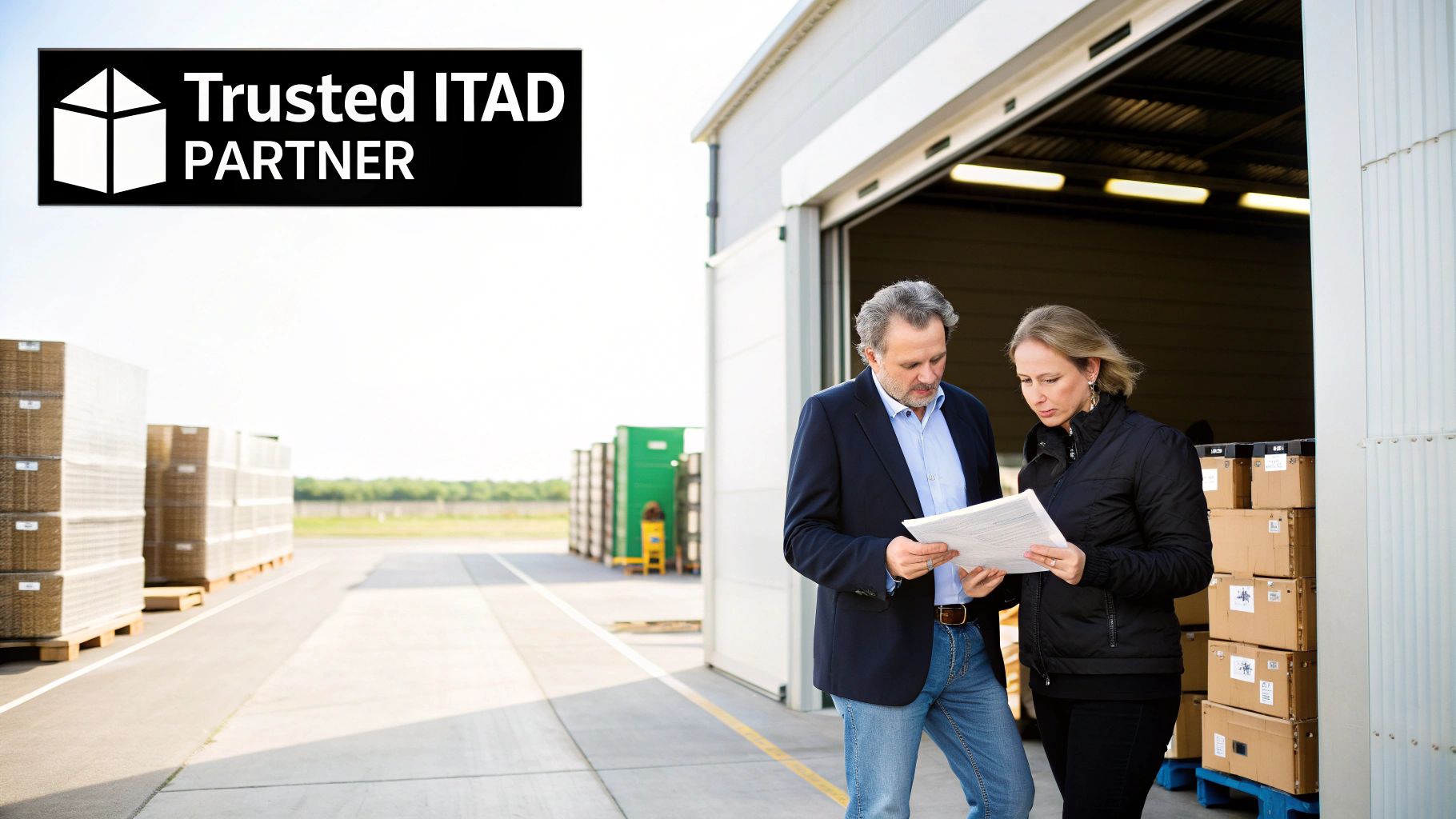 Two professionals review documents outside a warehouse, with a 'Trusted ITAD Partner' sign visible.